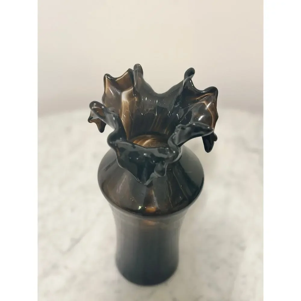 Vintage Black Amethyst Art Glass Vase 9” Hand-Blown Ruffled Crimped Rim